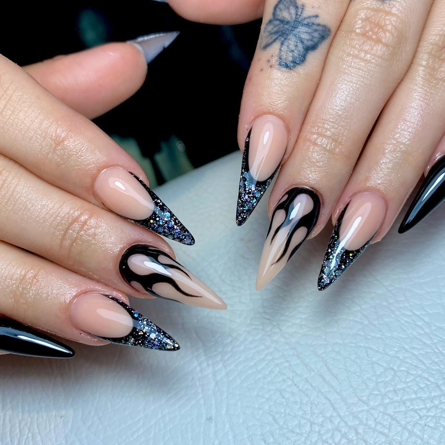 black glitter french tip nails