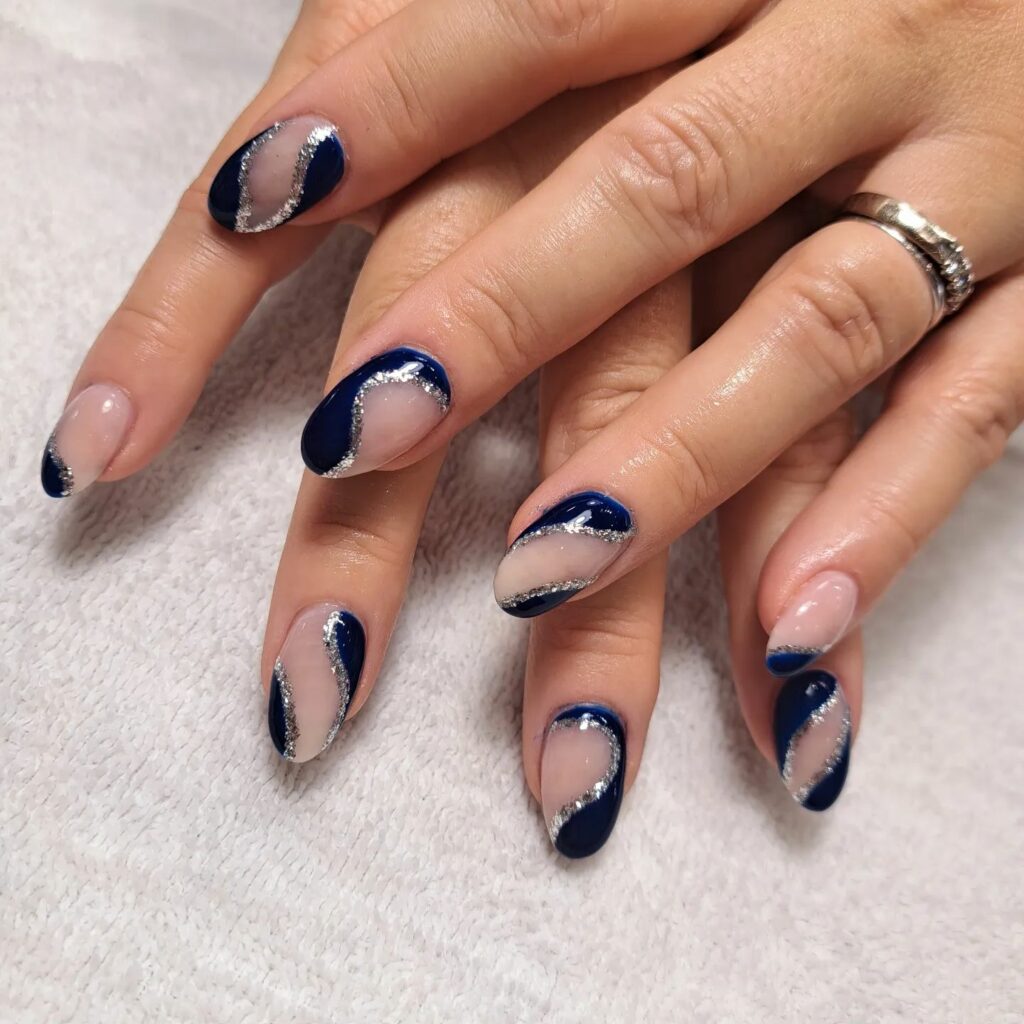 Navy Blue and Silver Nails by nail_services_by_mari