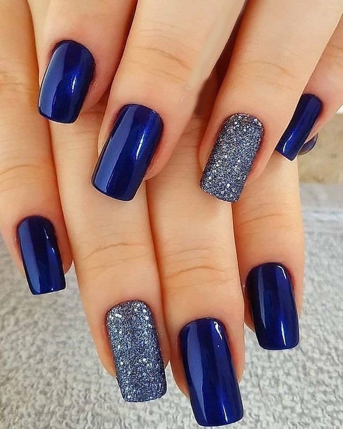 Navy Blue and Silver Nails