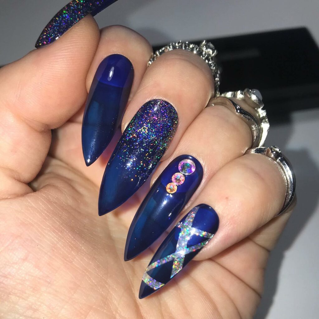 Navy Blue and Silver Nails