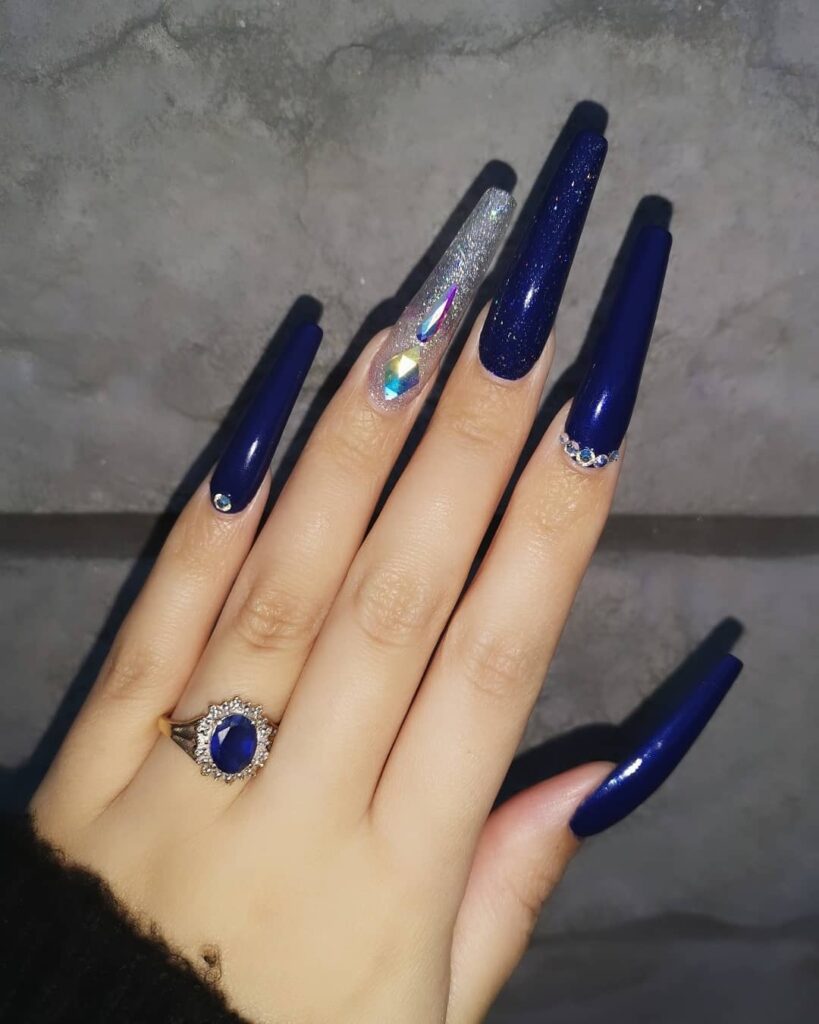Navy Blue and Silver Nails by nailzbydes_