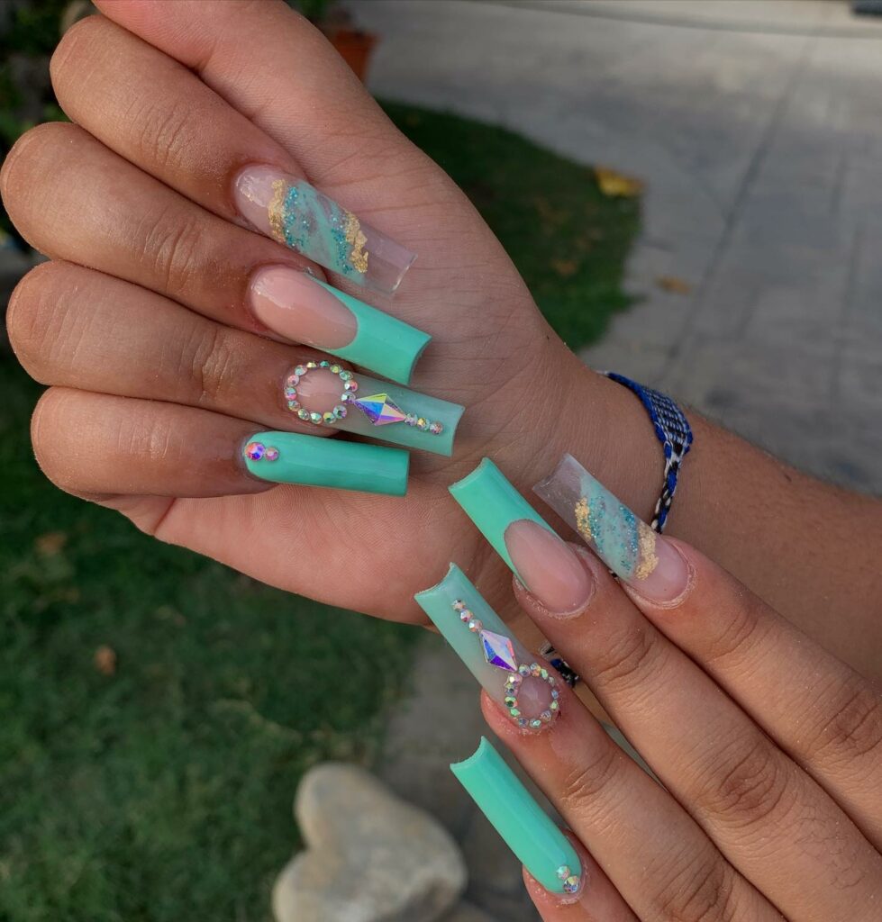 Teal French Tip Nails