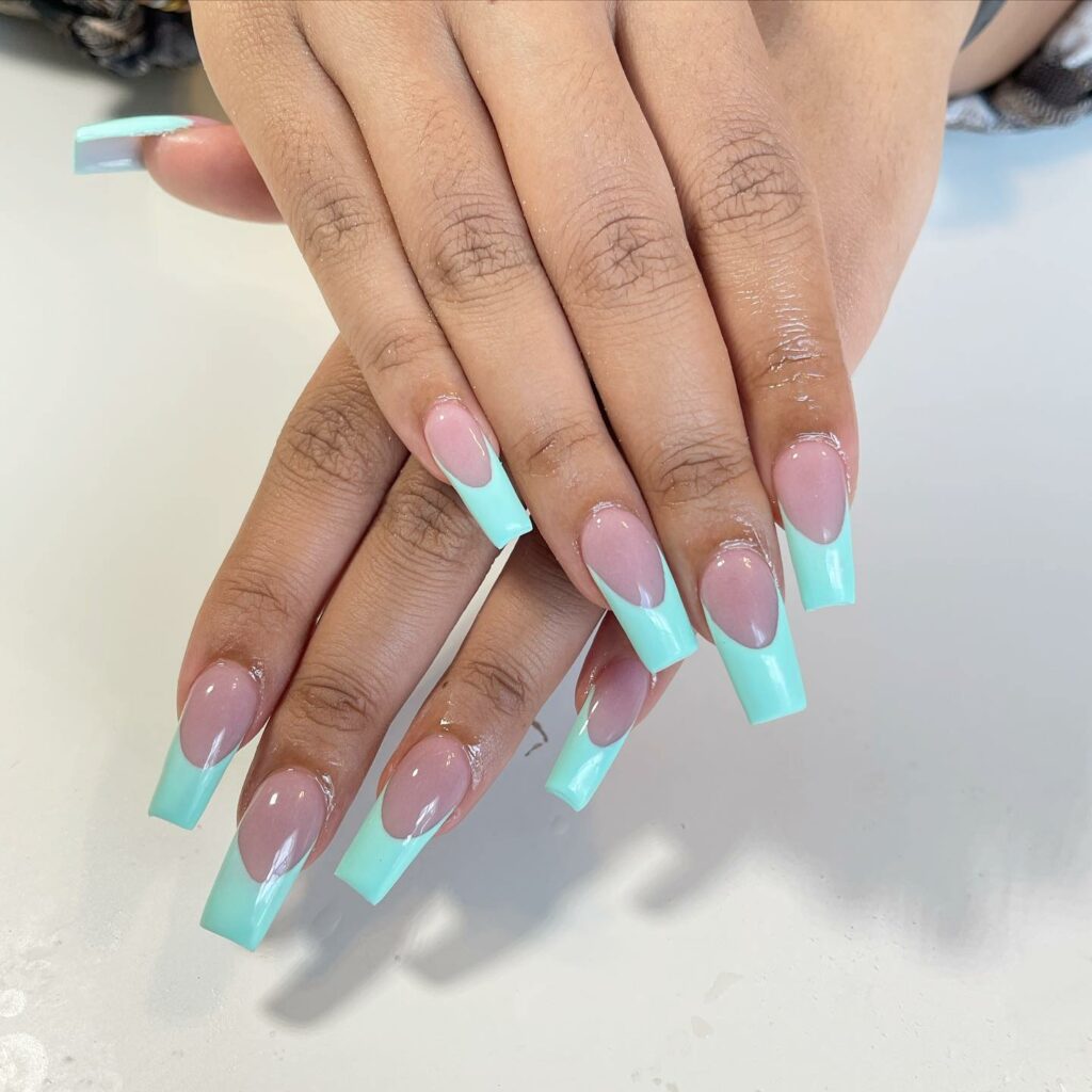 Teal French Tip Nails