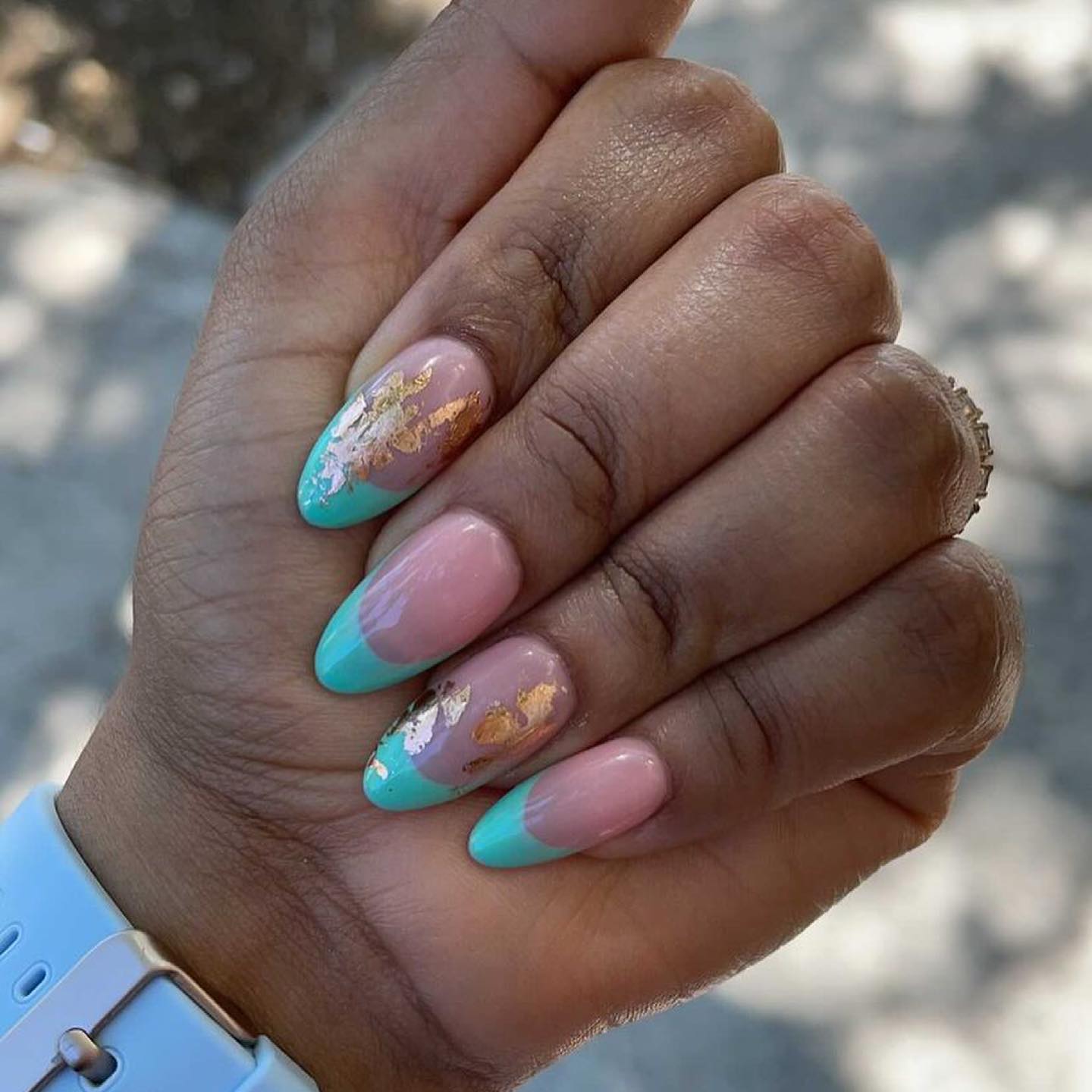 teal french tip nails