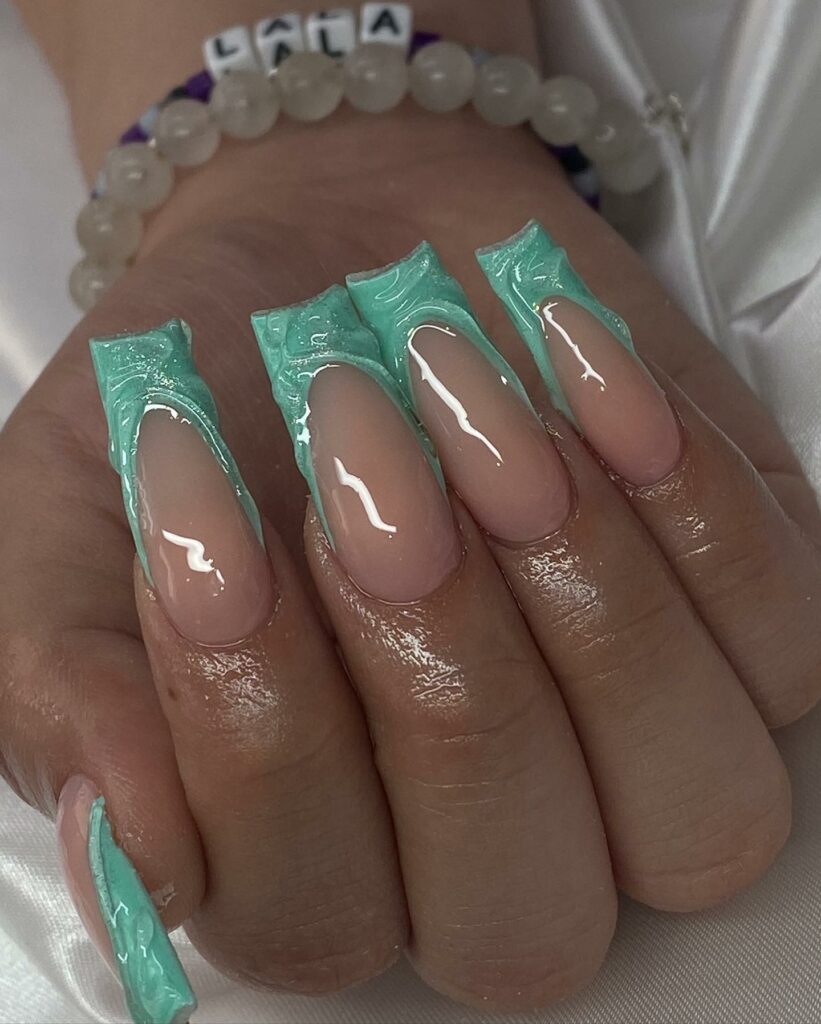 Teal French Tip Nails