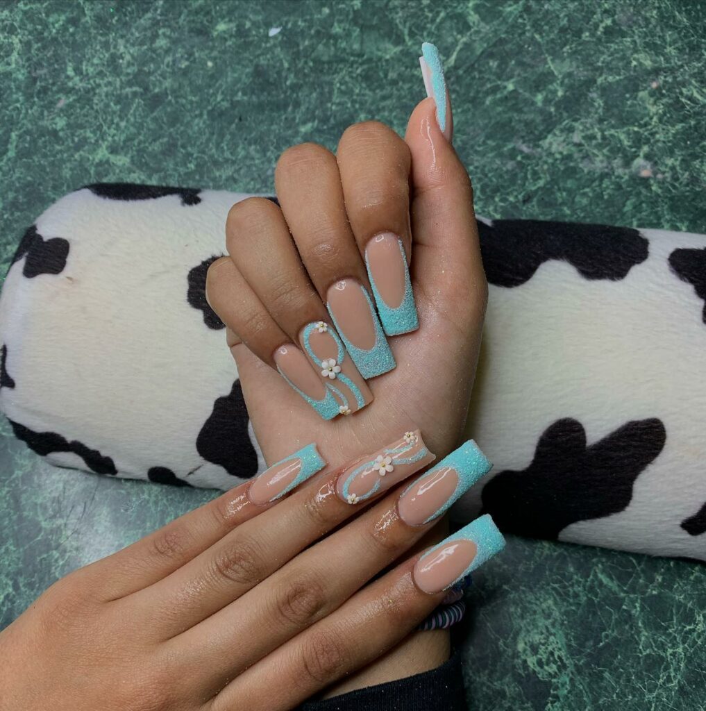 Teal French Tip Nails