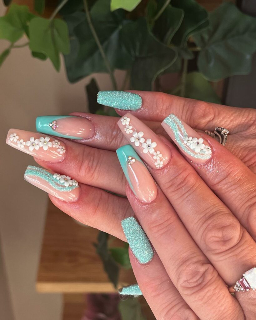 Teal French Tip Nails