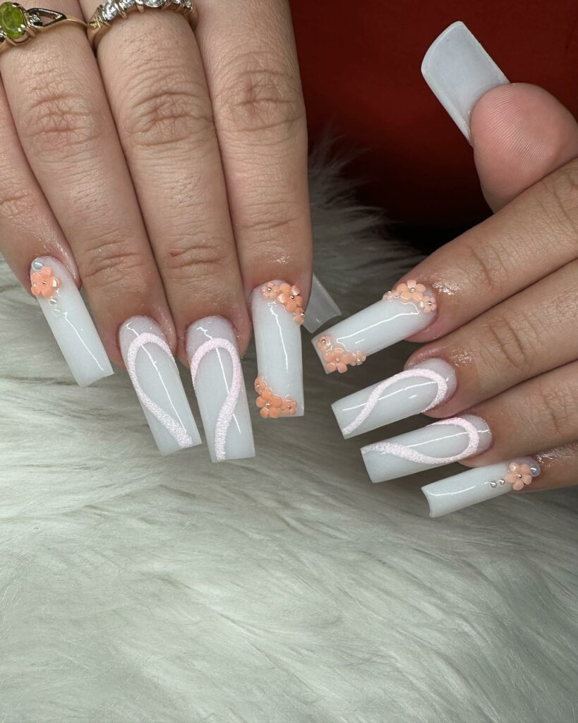 White Nails with Flowers