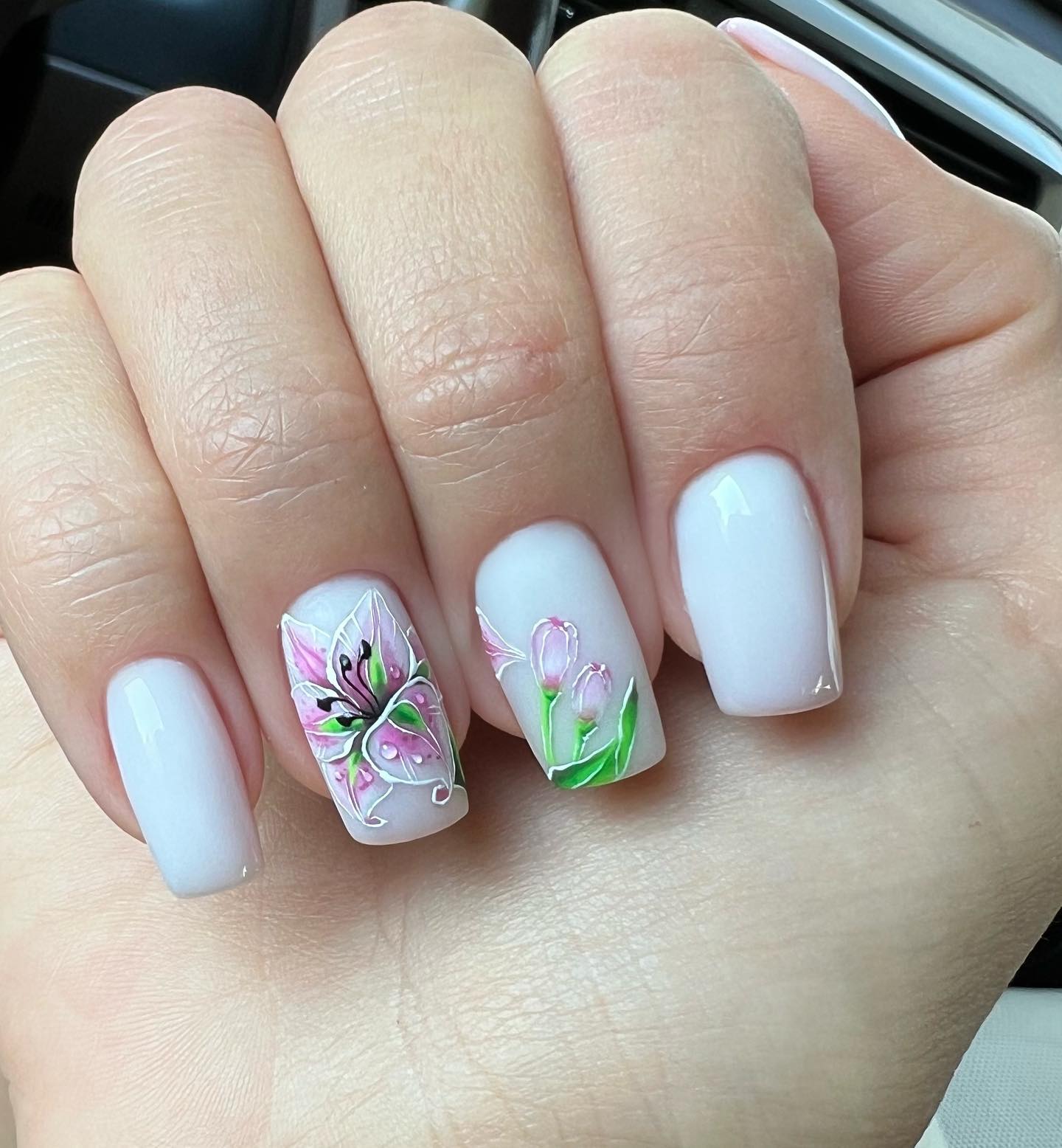 White Nails with Flowers