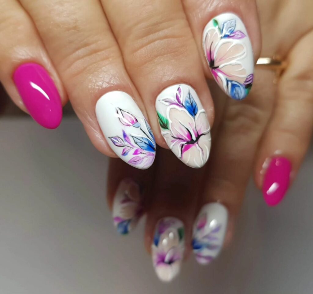 White Nails with Flowers