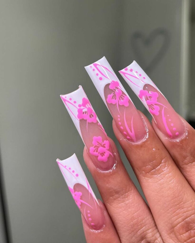 White Nails with Flowers