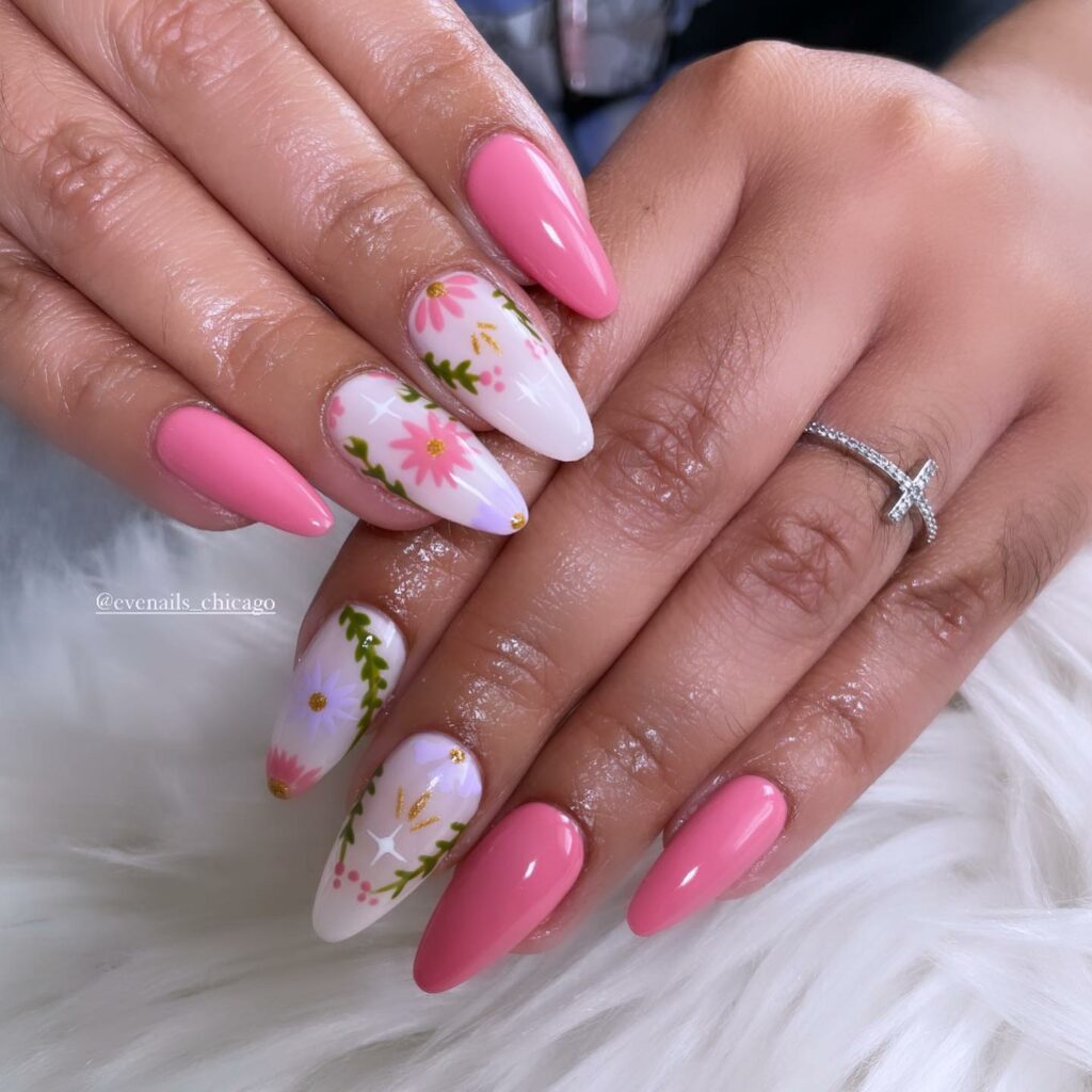 White Nails with Flowers