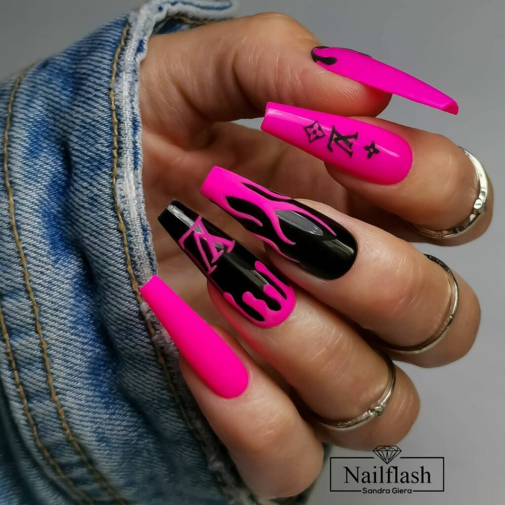 Hot Pink and Black Nails