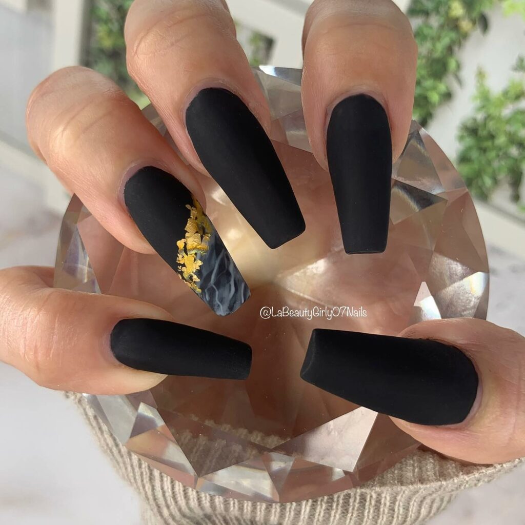 Coffin Black And Gold Nails