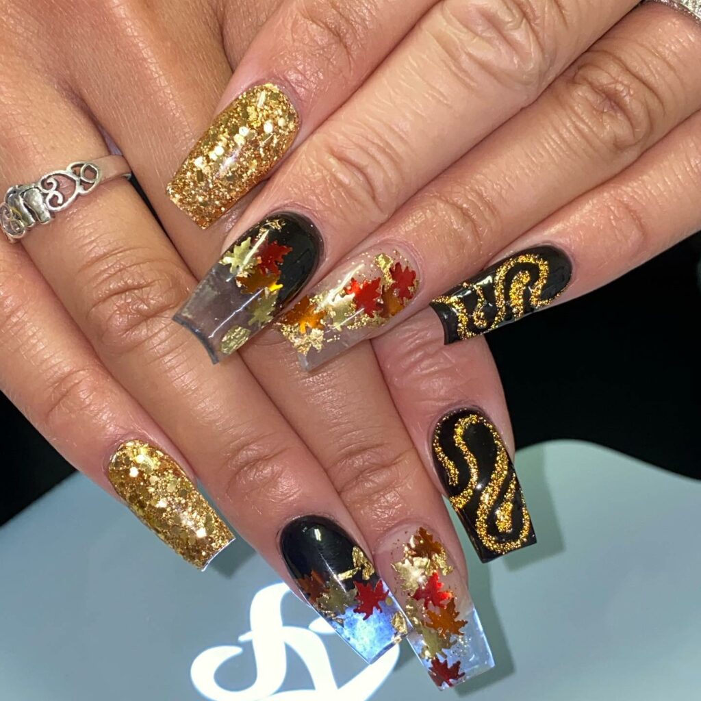 Coffin Black And Gold Nails