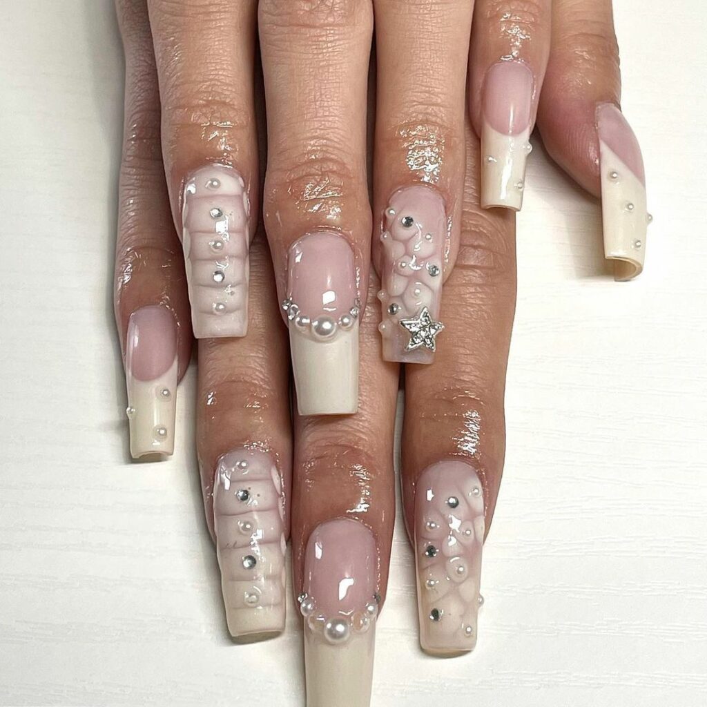 French Tip Nails with Rhinestones