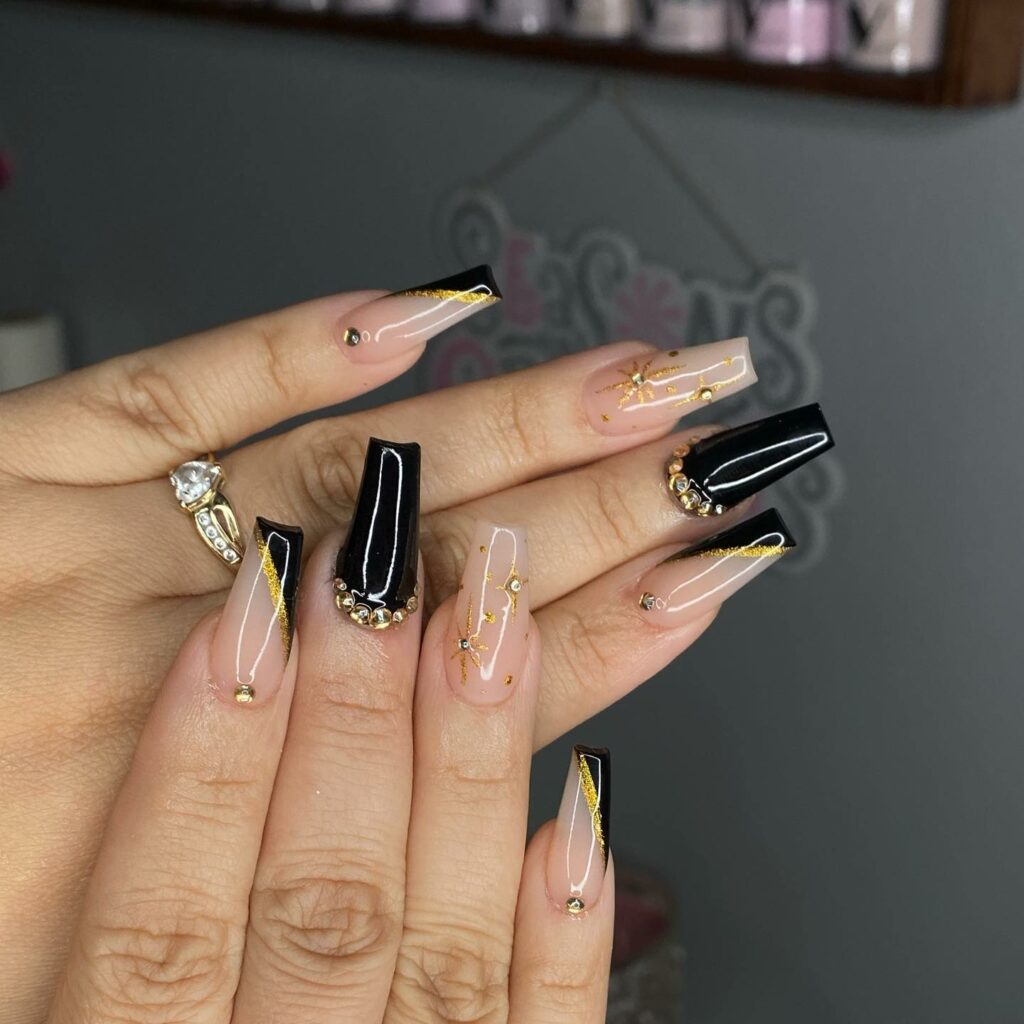 Coffin Black And Gold Nails