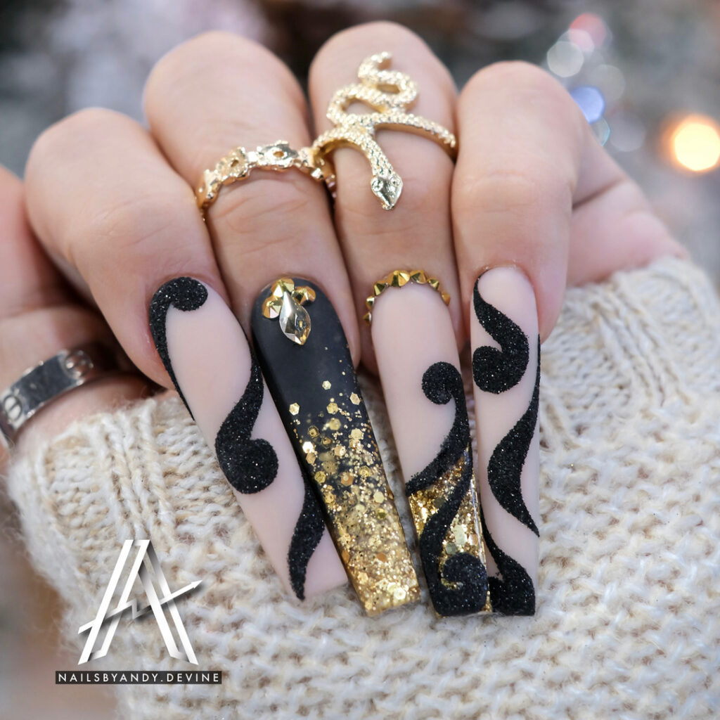 Coffin Black And Gold Nails