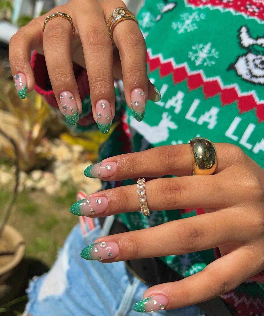 French Tip Nails with Rhinestones