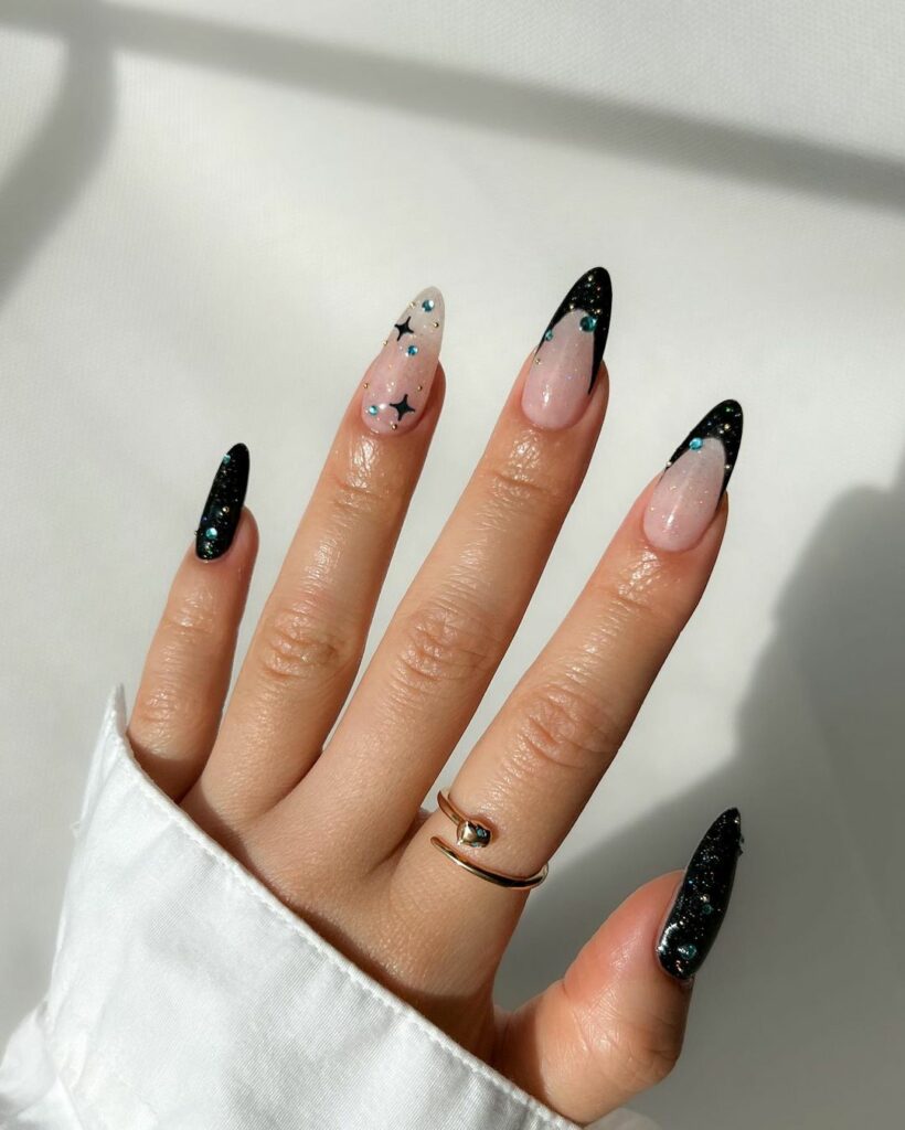 French Tip Nails with Rhinestones