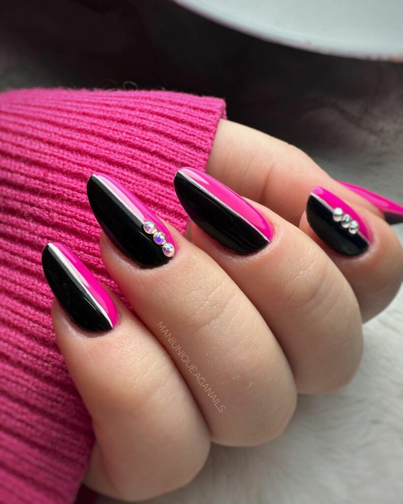 Hot Pink and Black Nails