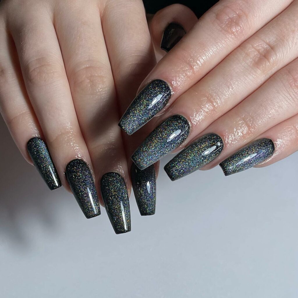 Coffin Black And Gold Nails