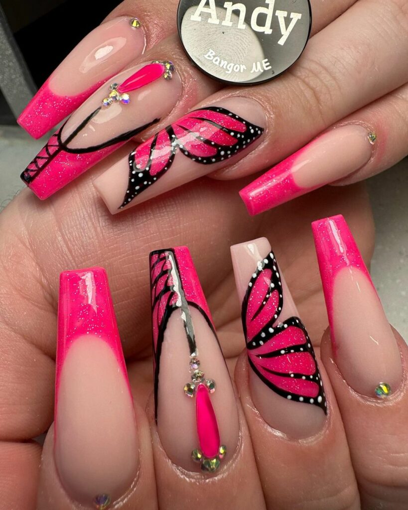 Hot Pink and Black Nails