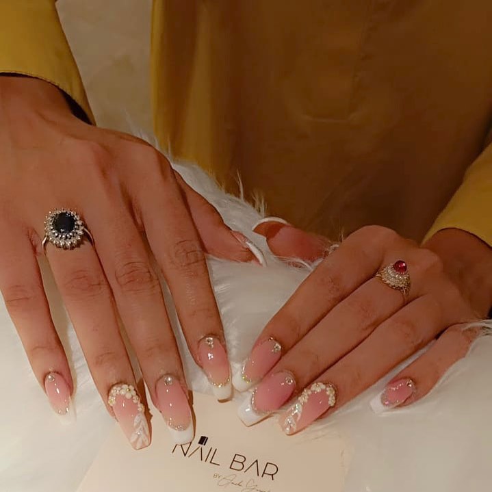 French Tip Nails with Rhinestones