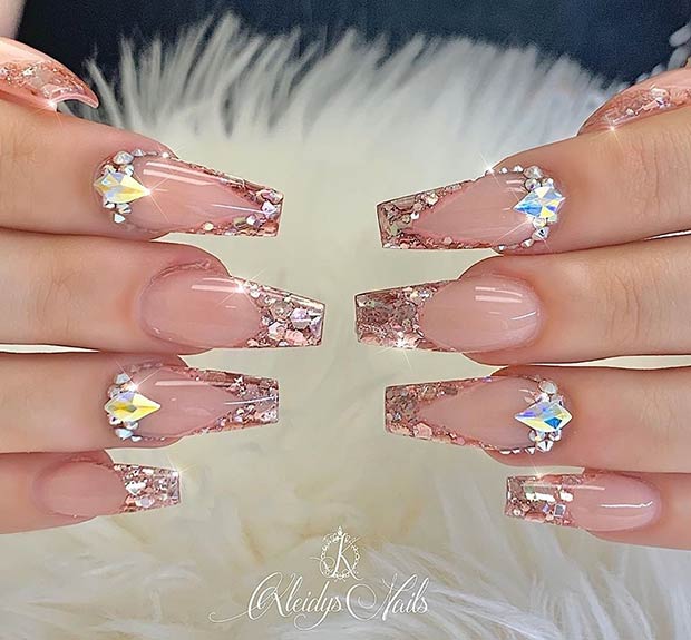 French Tip Nails with Rhinestones