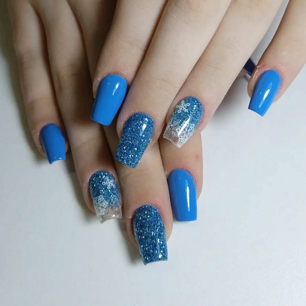 Blue and White Snowflake Nails