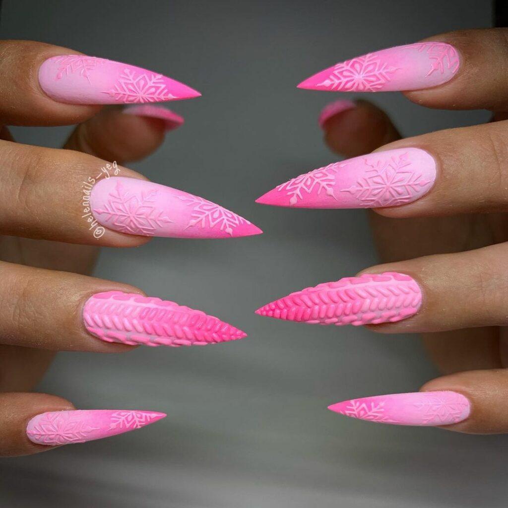 Pink and White Snowflake Nails
