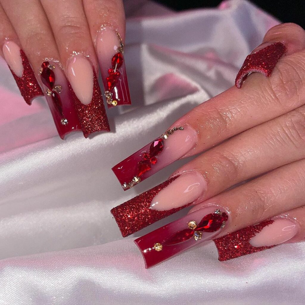 Red Nails With Diamonds
