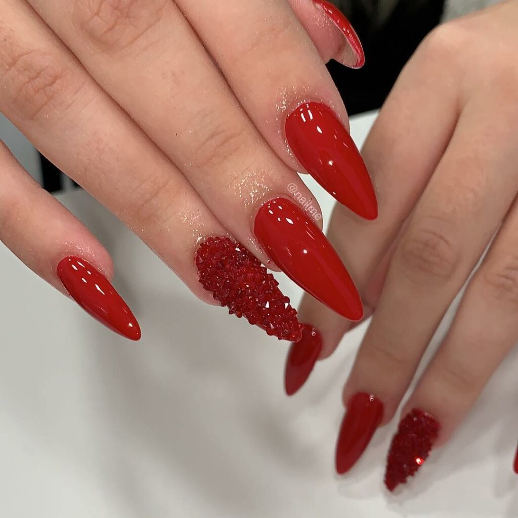 Red Nails With Diamonds