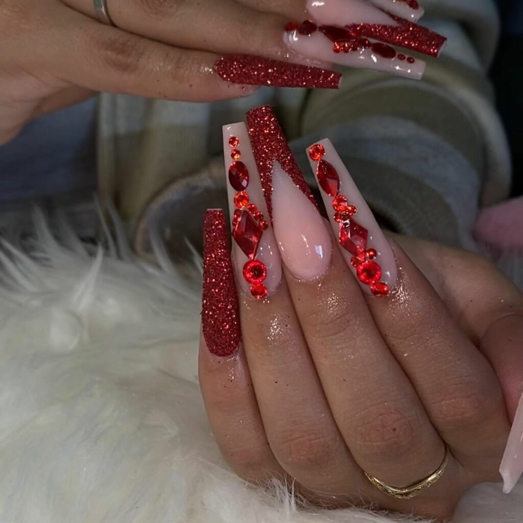 Red Ombre Nails with Diamonds