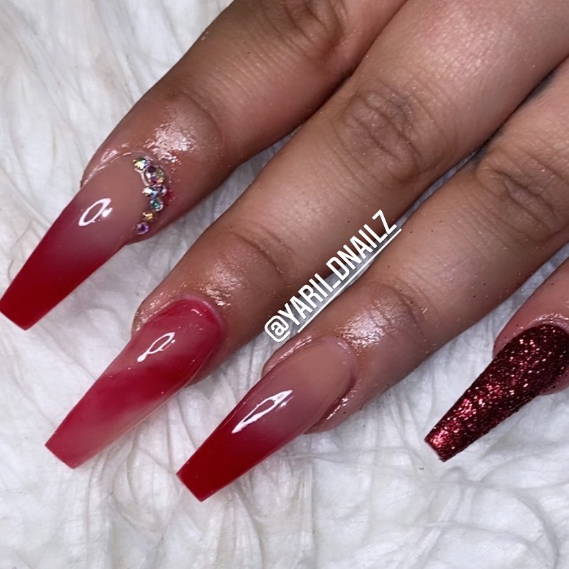 Red Ombre Nails with Diamonds