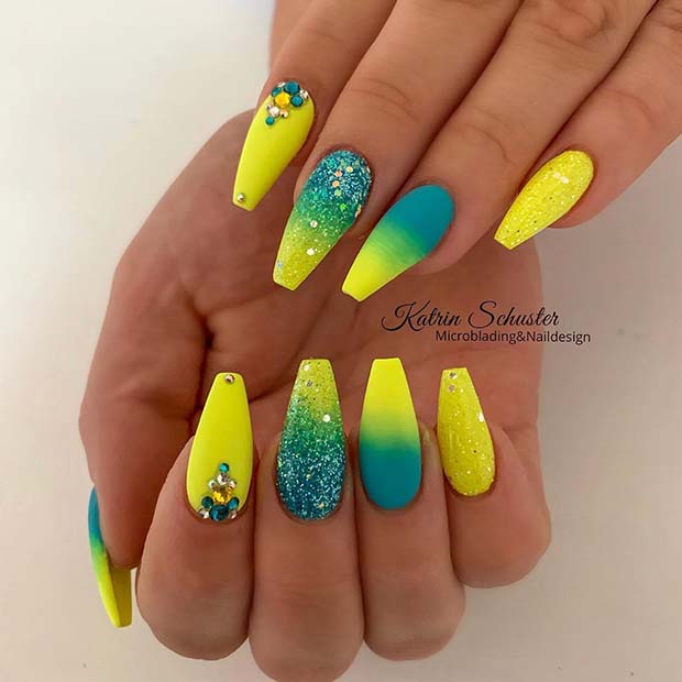 Yellow and Blue Ombre Nails