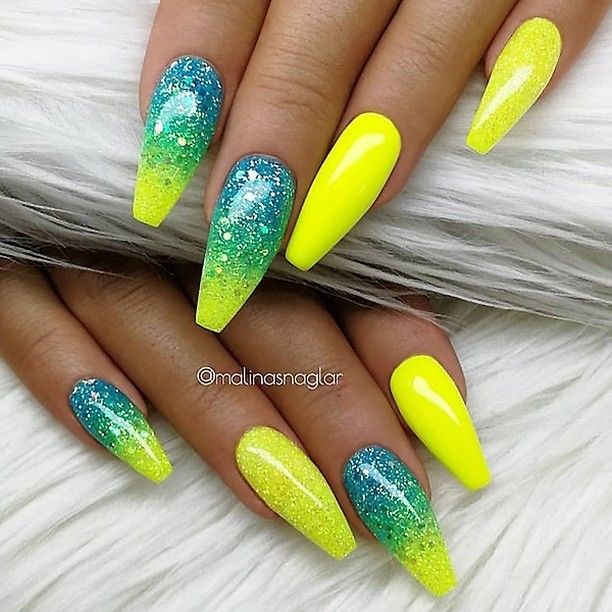 Yellow and Blue Ombre Nails
