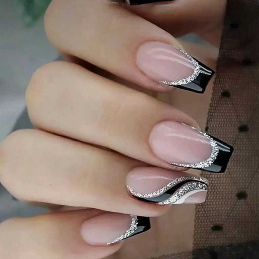 Black and Silver French Tip Nails 