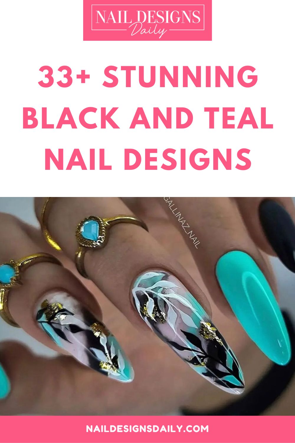 pinterest image for an article about  Black and Teal Nail Designs