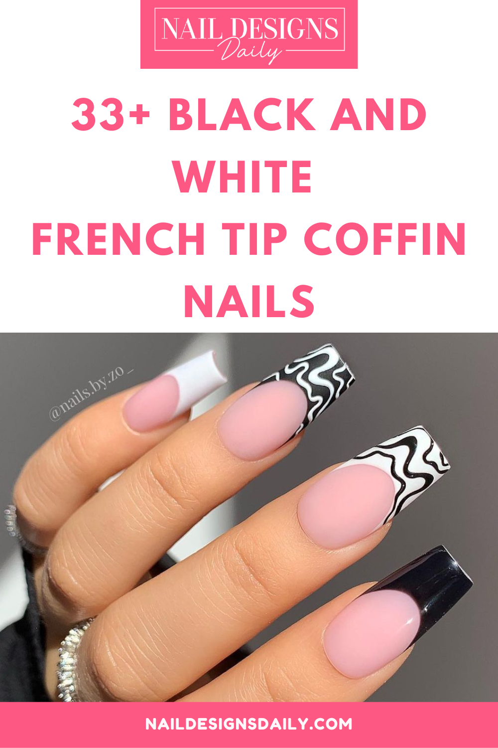 pinterest image for an article about Black And White French Tip Coffin Nails