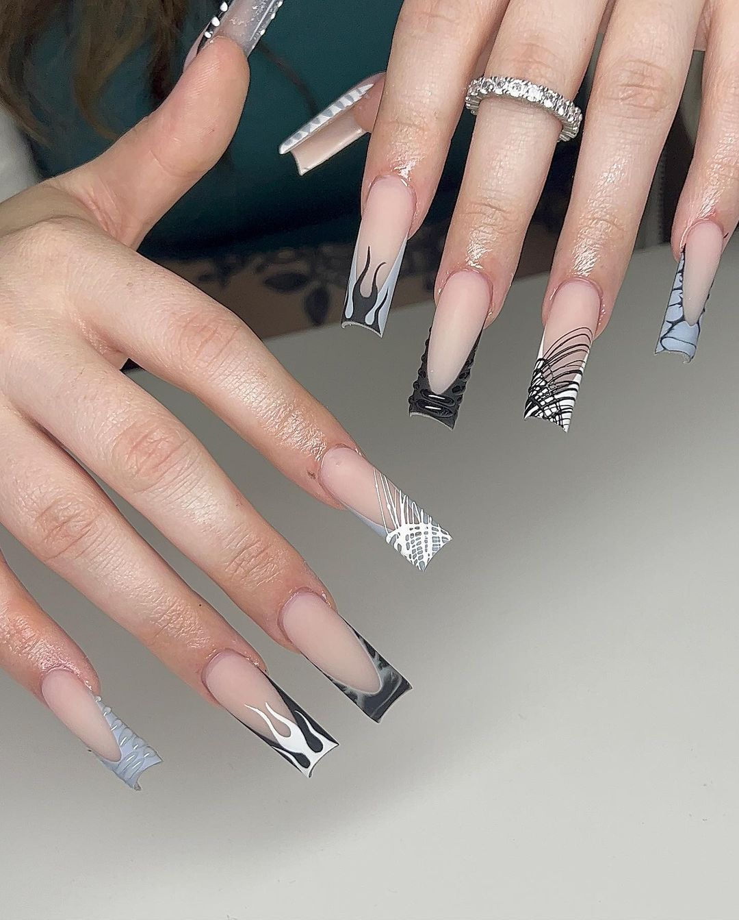 Black and White French Tip Coffin Nails