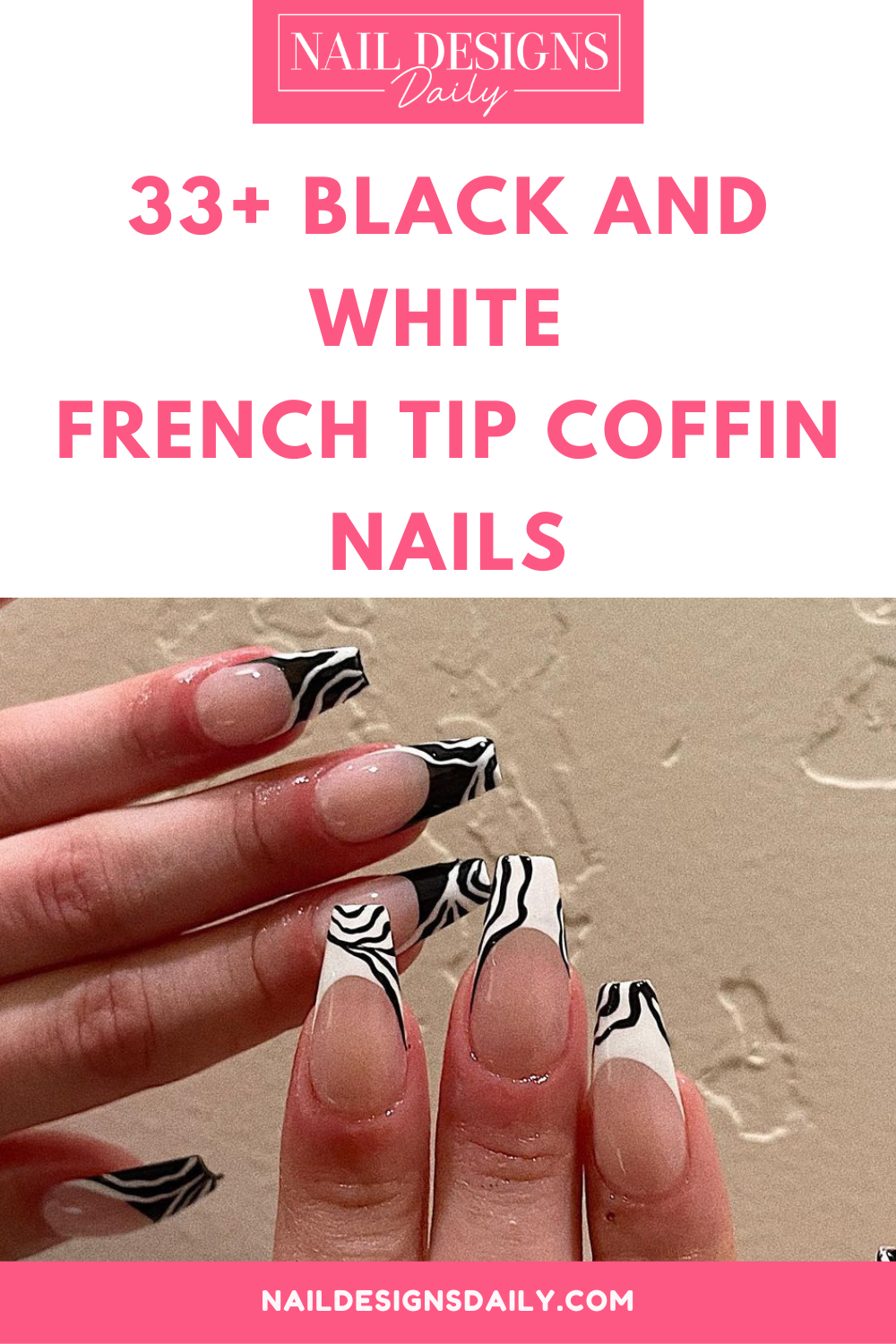 pinterest image for an article about Black And White French Tip Coffin Nails