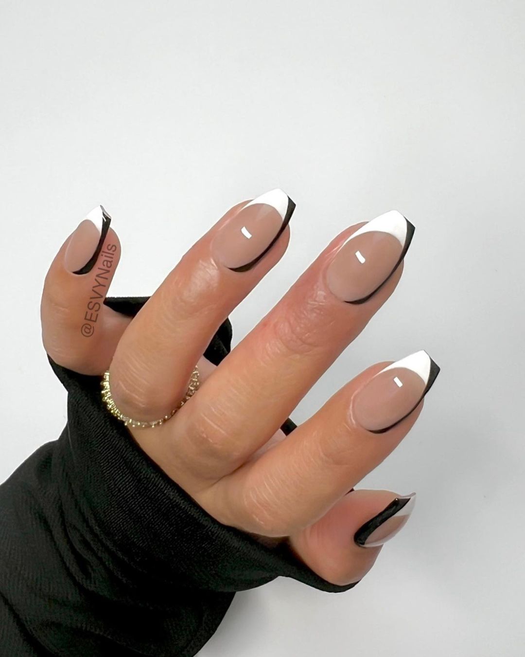 Black and White French Tip Coffin Nails
