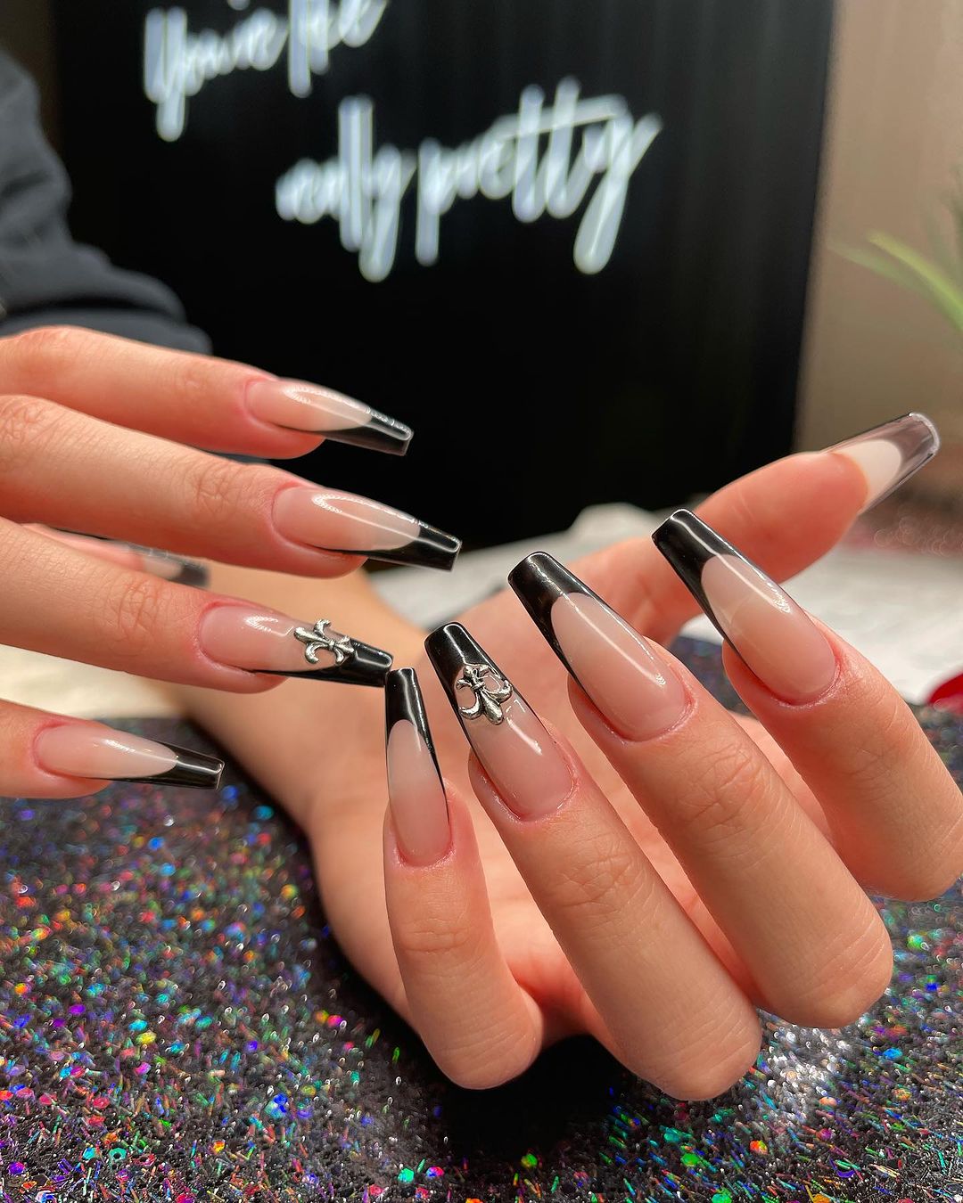 Black and White French Tip Coffin Nails