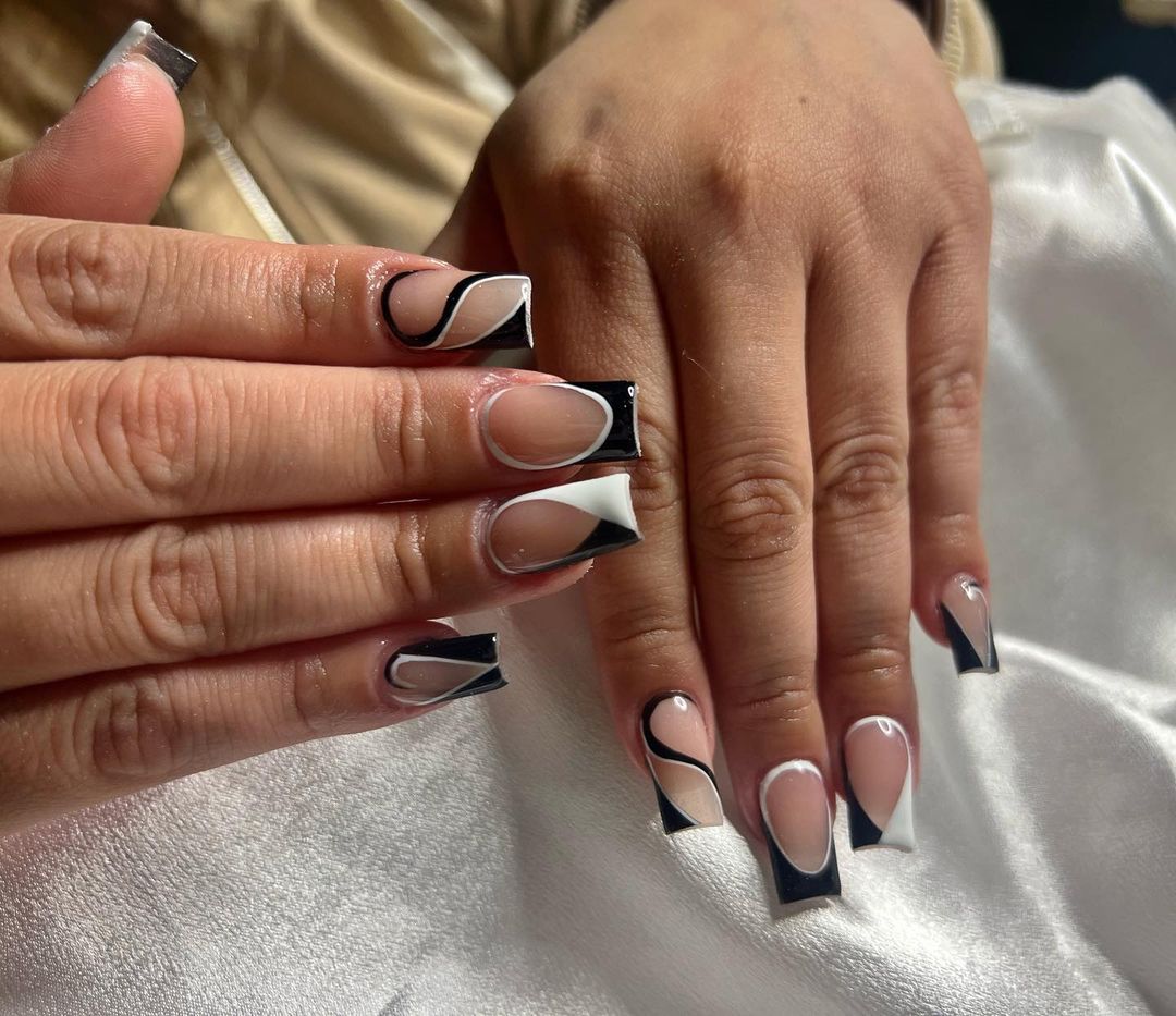 Black and White French Tip Coffin Nails