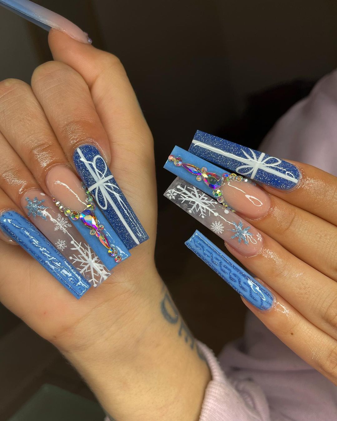 Blue Silver Christmas Nails
