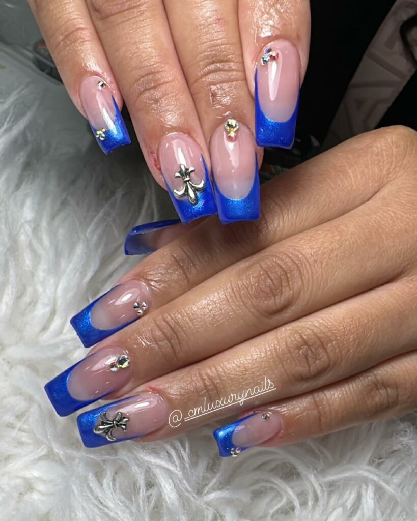 Blue and Silver French Tip Nails