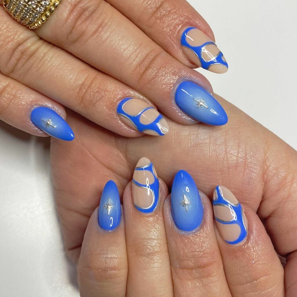 Blue and Silver French Tip Nails