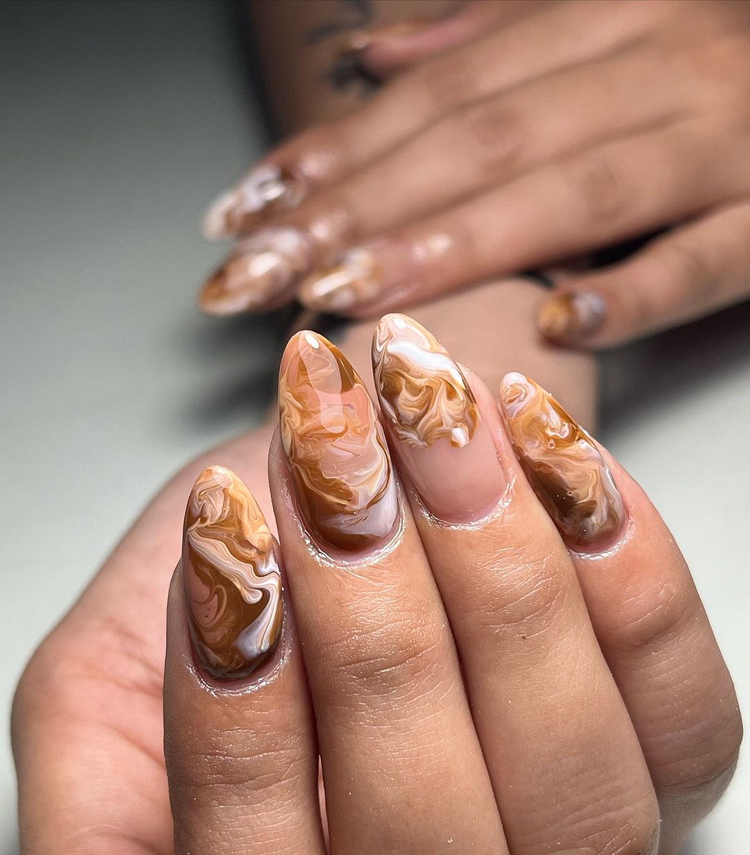 Brown and White Marble Nails
