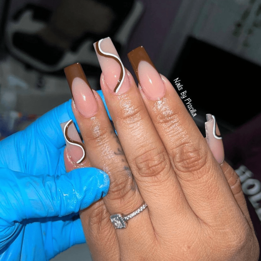 Brown and White Swirl Nails